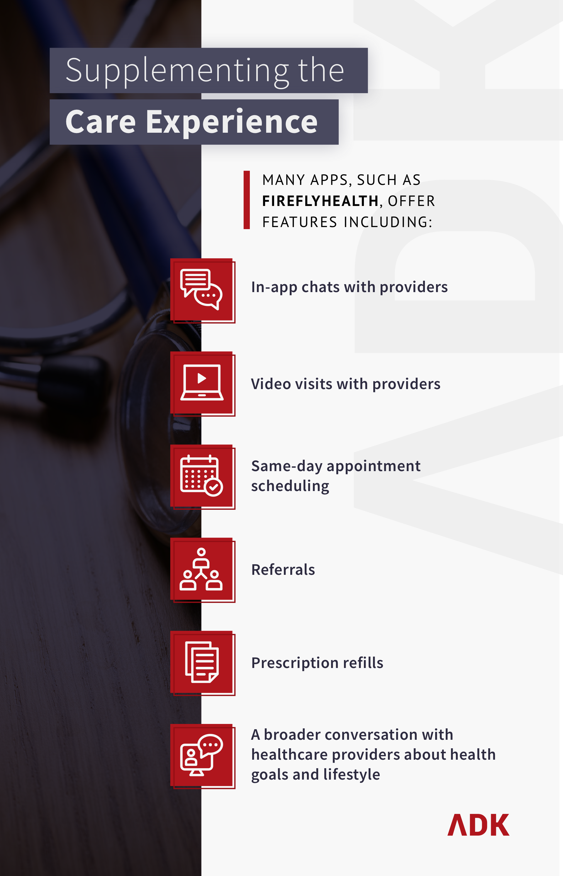 infographic about Supplementing the Care Experience. It says: Many apps, such as fireflyhealth, offer features including in-app chats with providers, video visits with providers, same-day appointment scheduling, referrals, prescription refills, and a broader conversation with healthcare providers about health goals and lifestyle.