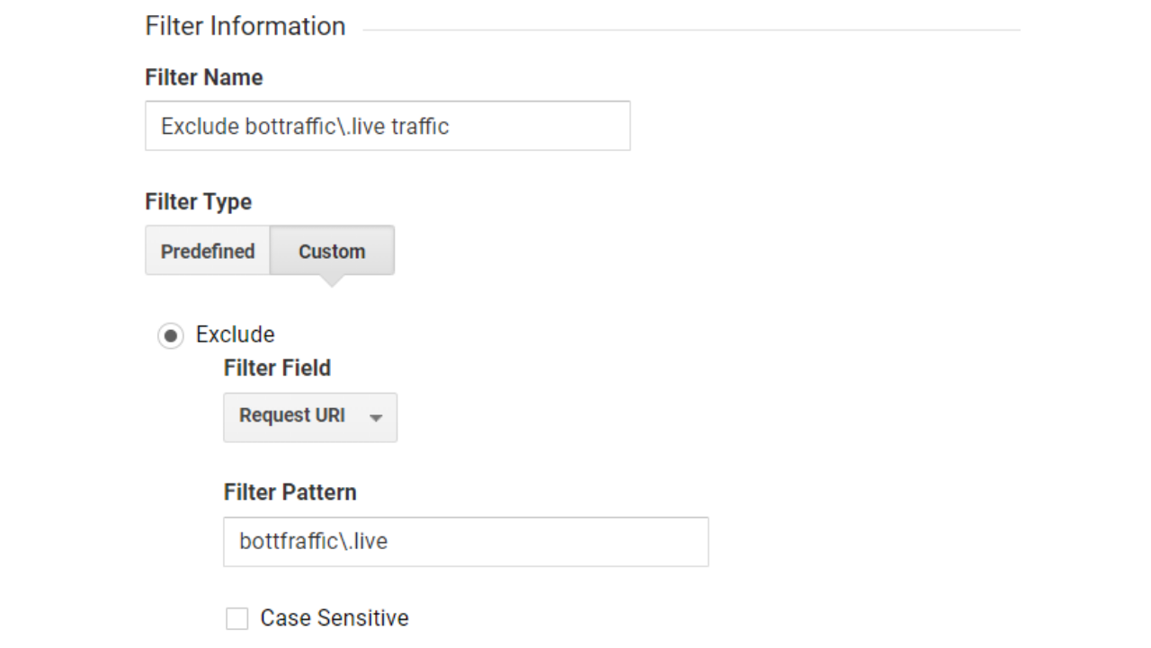 Google Analytics filter information for excluding bottraffic\.live traffic. Using a custom filter type, exclude Request URI = bottraffic\.live