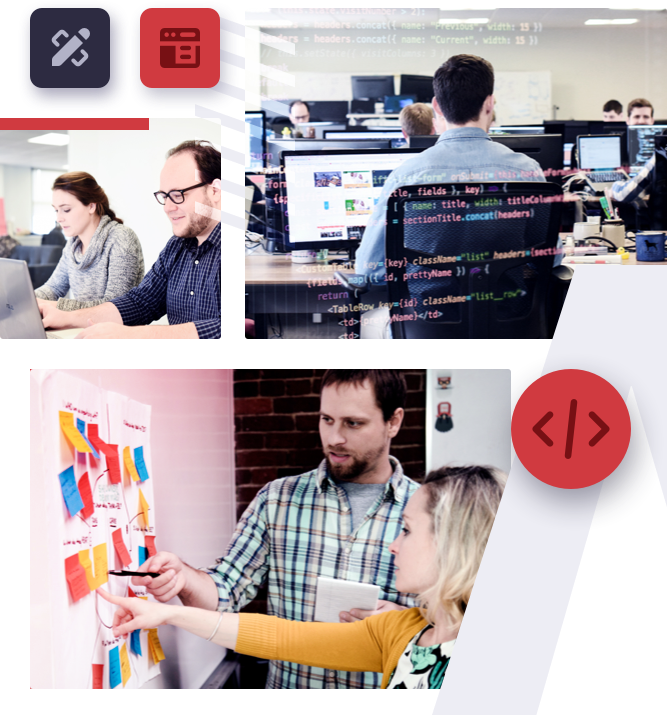 Three photos of ADK Group teammates collaborating together in the Boston and Louisville offices.