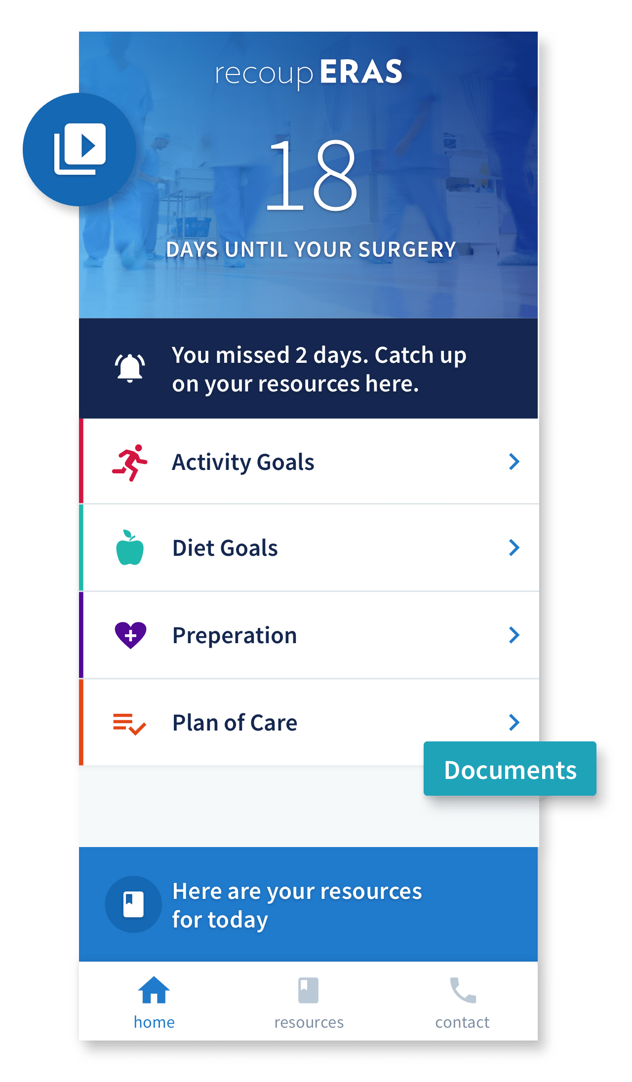The ERAS mobile application's home page. It shows that there are 18 days until the user's surgery, and says