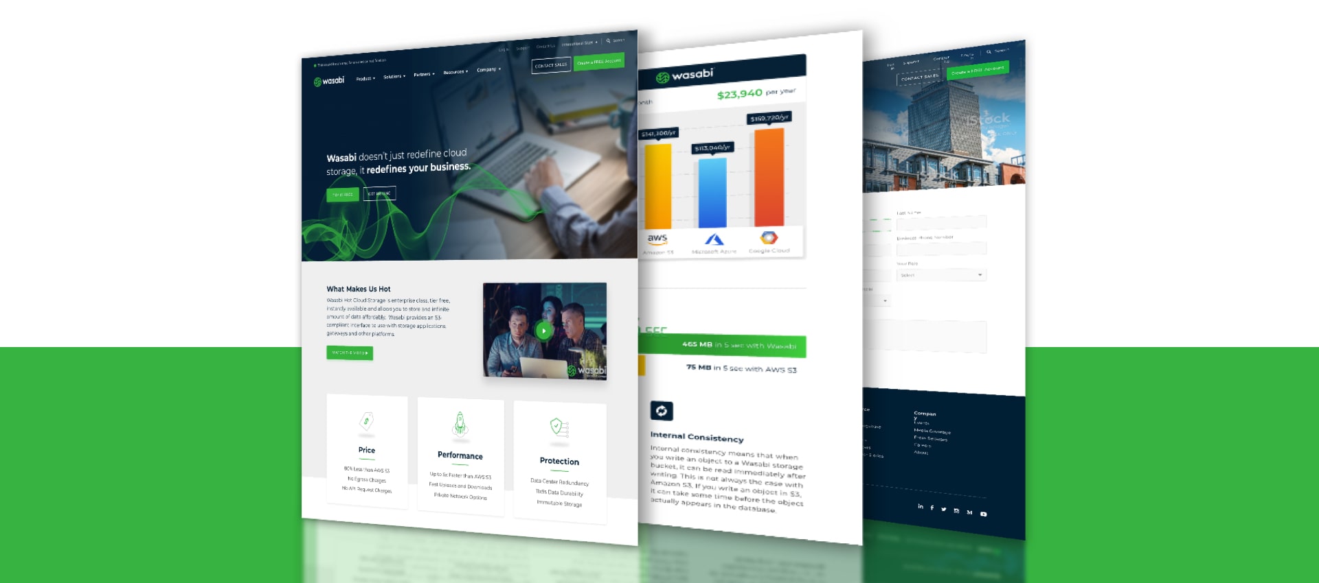 Three different screens of the new Wasabi website displayed side by side