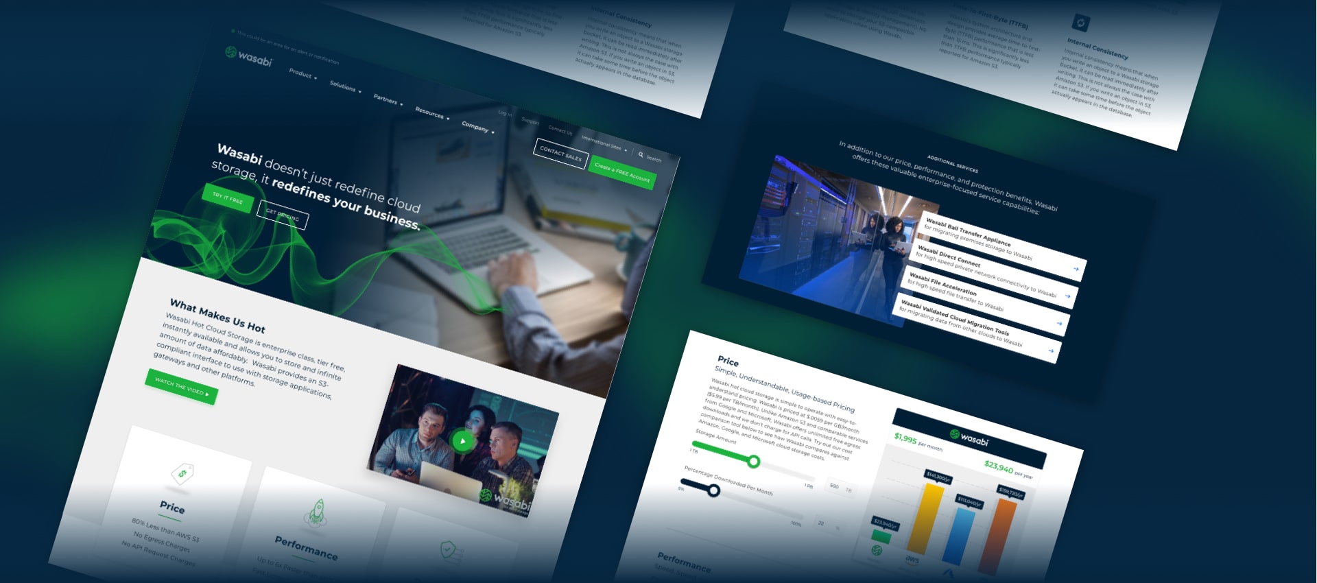 Three side-by-side screenshots showcasing different parts of the Wasabi website