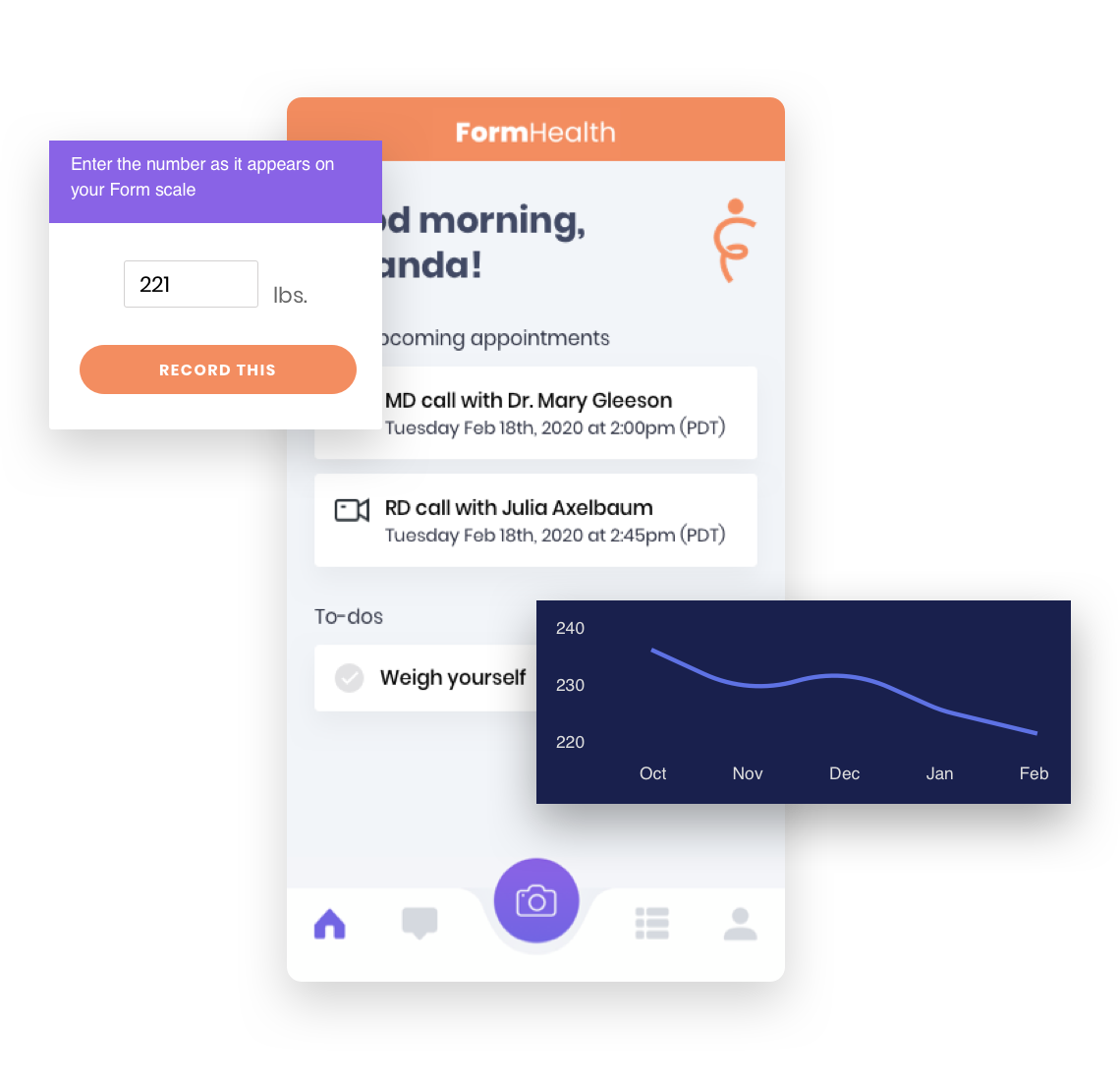 A collage of three images from the Form Health app. The main image is a full sized screenshot from a mobile device. It shows the welcome screen, and says