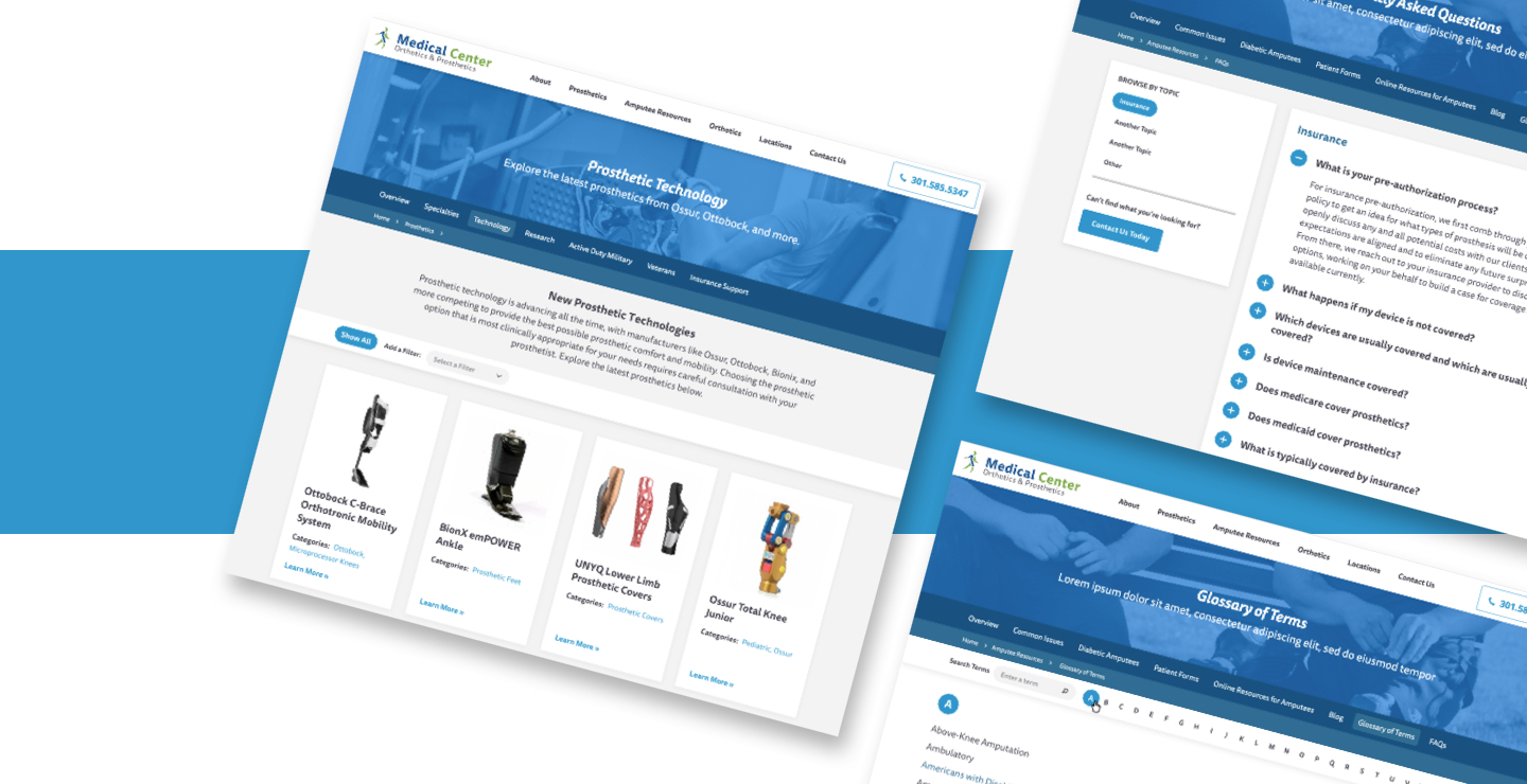 Collage showing three different parts of the MCOP website, including the Technology page, the FAQs, and the Glossary page