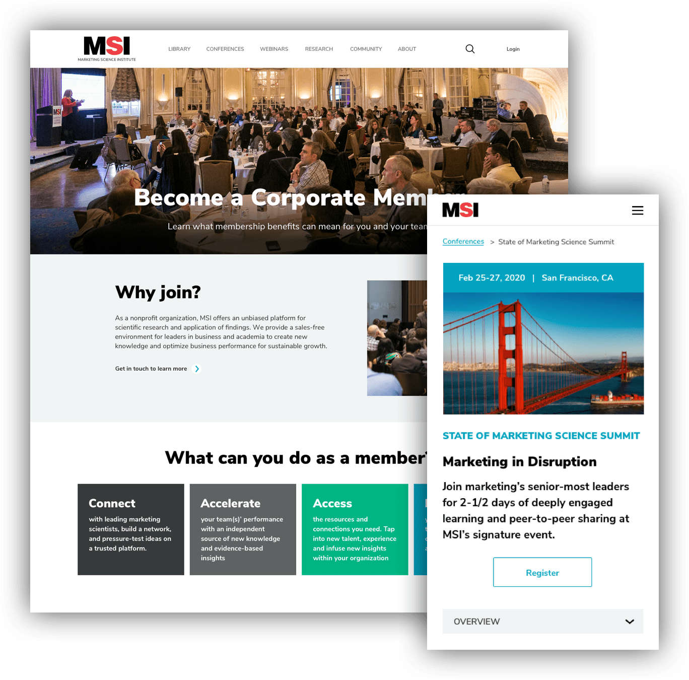A collage of two images from the MSI website. The first image is from a desktop device and shows the Corporate Members page. The second image is from a mobile device and shows an upcoming conference called