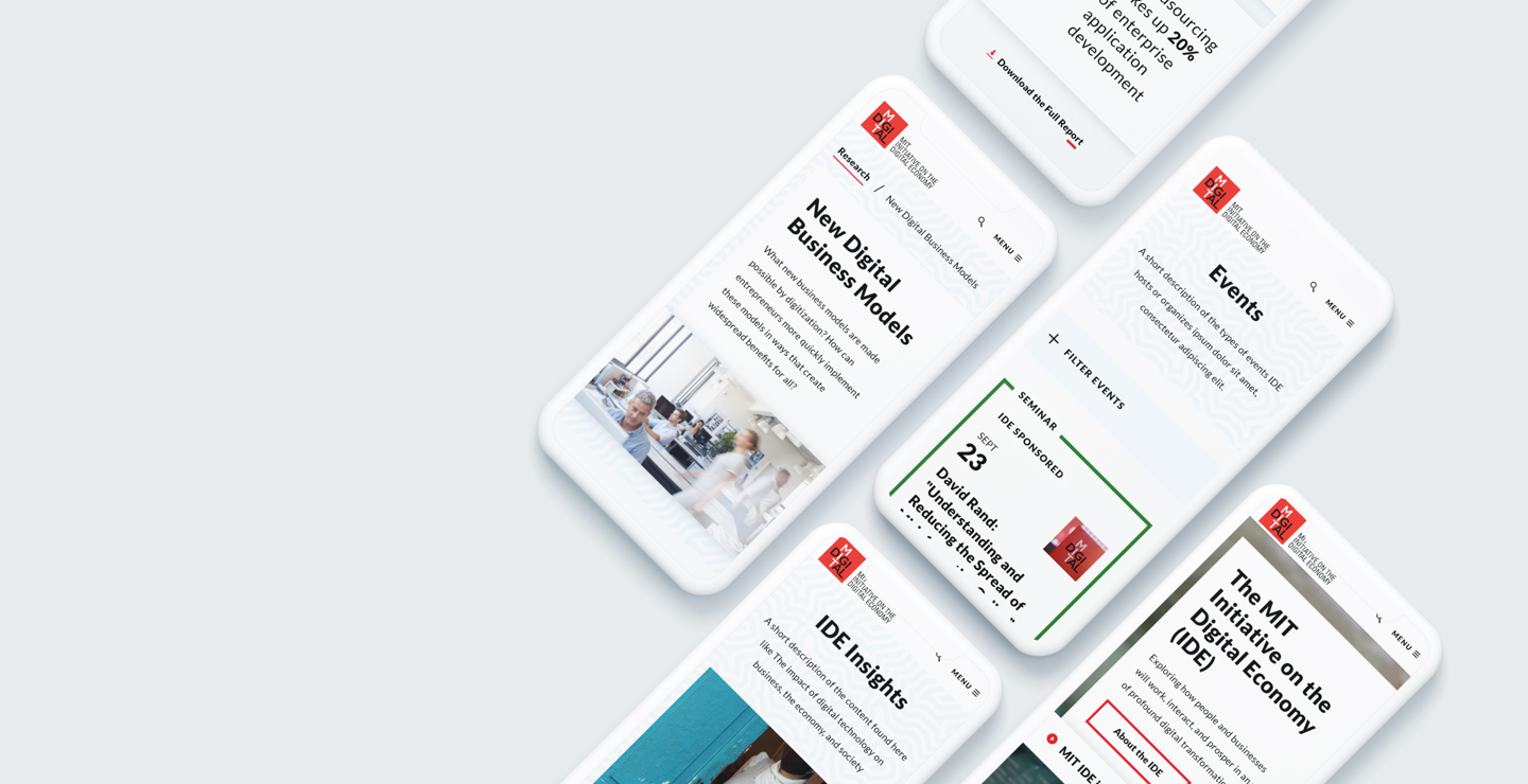 Five mobile phones laid side-by-side displaying various parts of the MIT IDE website