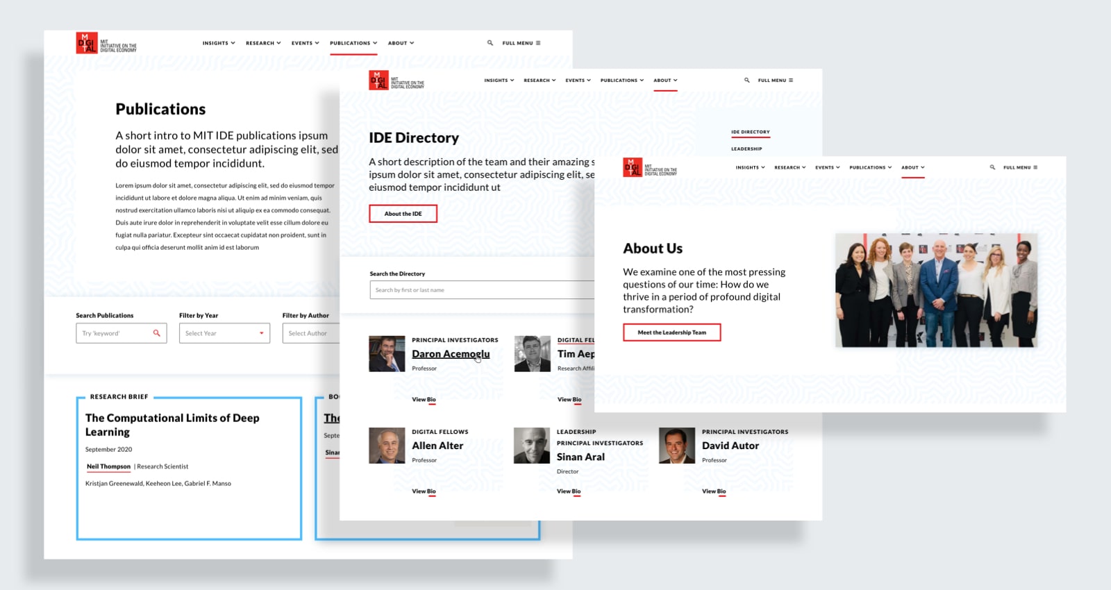 A collage of three images from the new MIT IDE website. From left to right, the images show the Publications page, IDE Directory page, and About Us page.