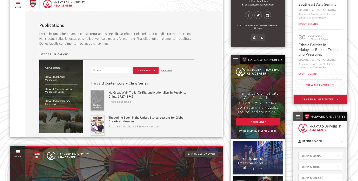 Collage showing a side-by-side display of different parts of the Harvard University Asia Center website.