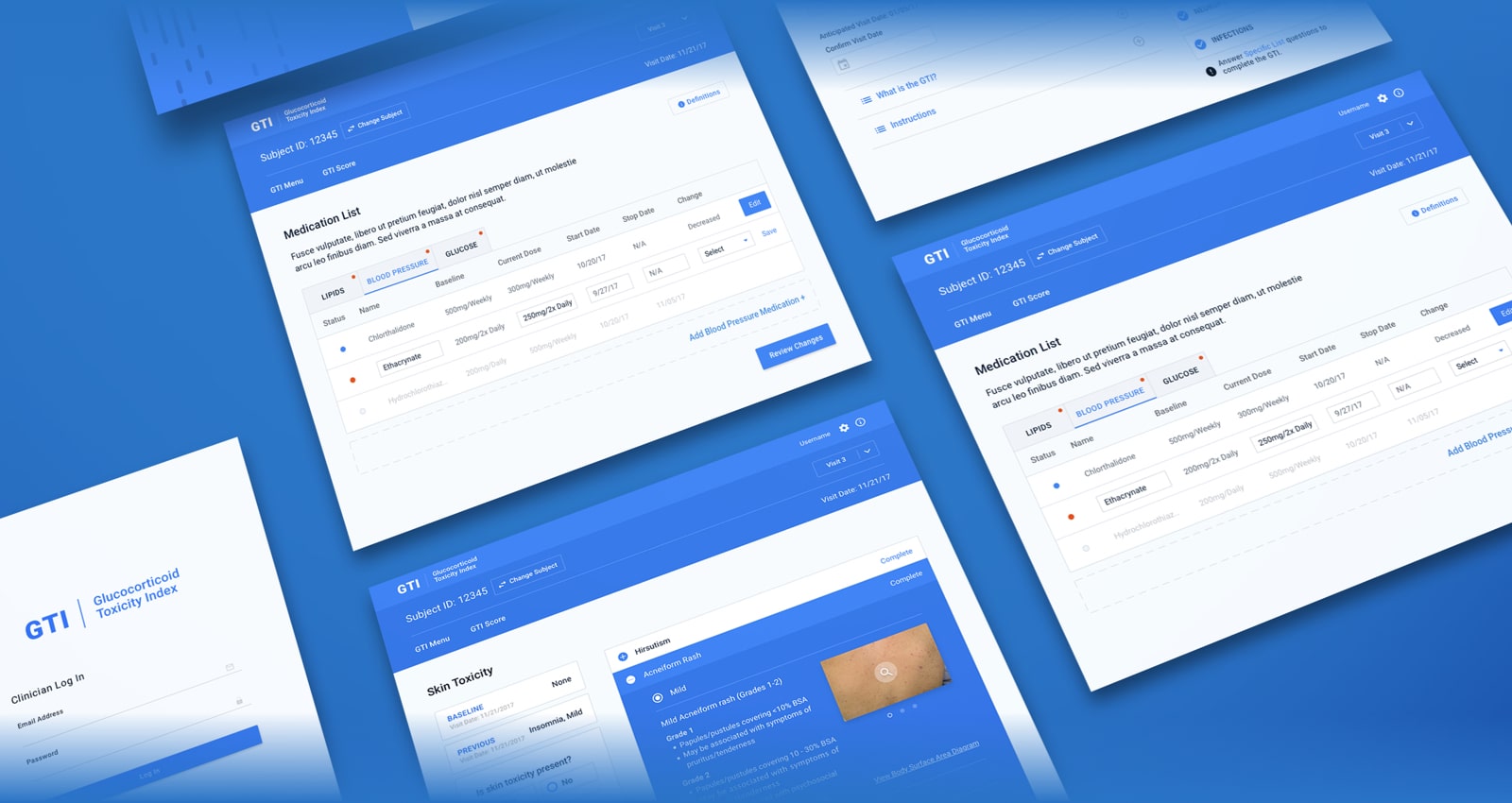 Collage displaying multiple screens from the GTI | Glucocorticoid Toxicity Index application over a blue background.