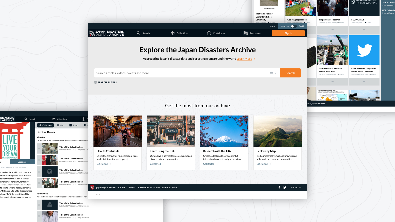 Three screenshots of the Japan Disaster Archive (JDA) website.