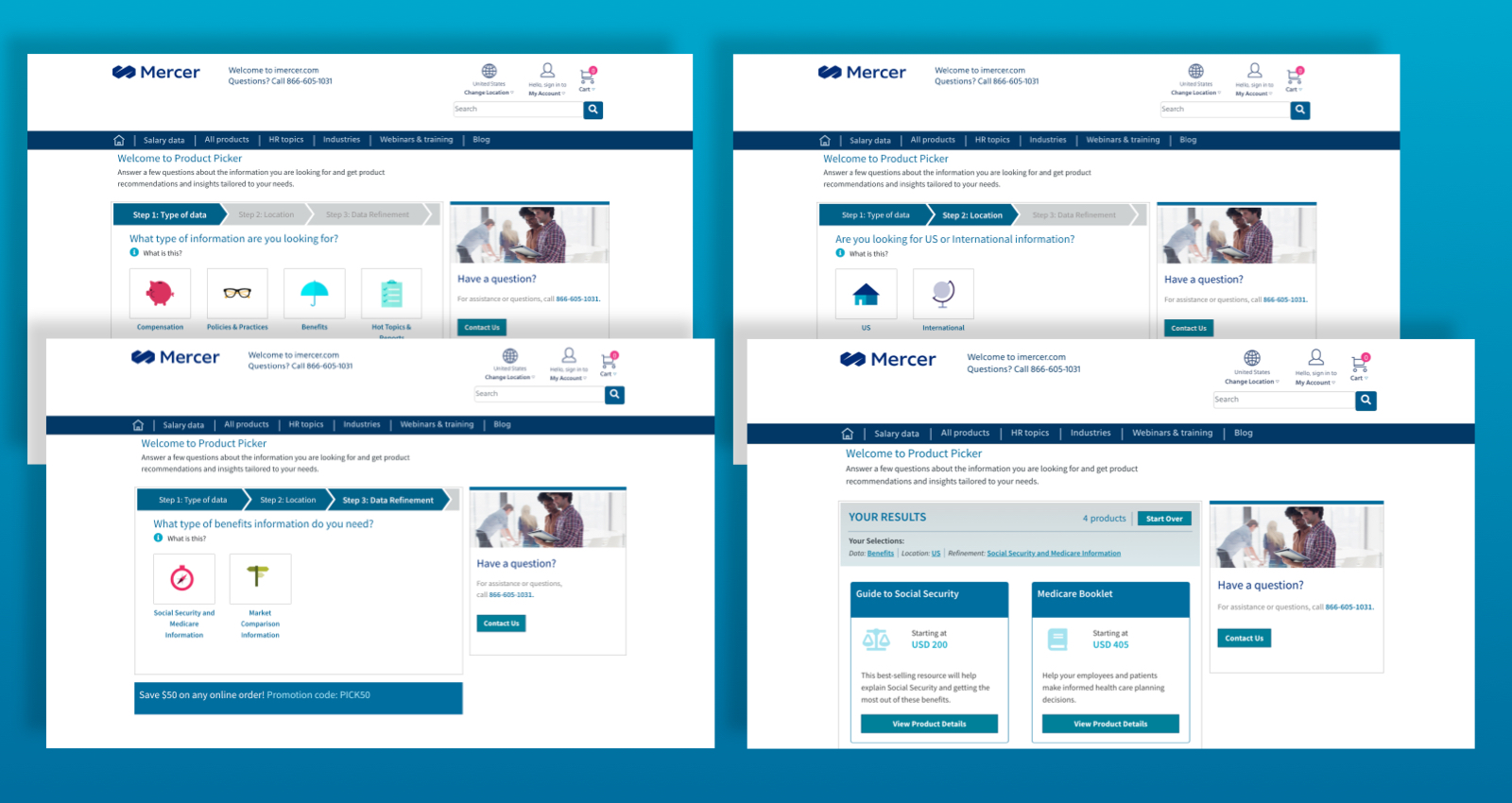 Four screenshots of the Product Picker tool on Mercer's website. Each screen shows a step within the Product Picker tool: Step 1- Type of Data, Step 2- Location, Step 3- Data Refinement, and the Results.