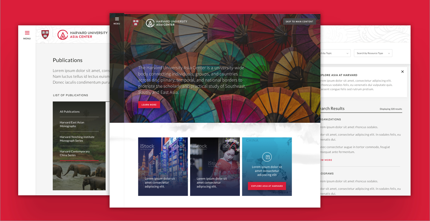 Collage showing three screens from the Harvard University Asia Center Website, including the homepage, publications, and search results page.