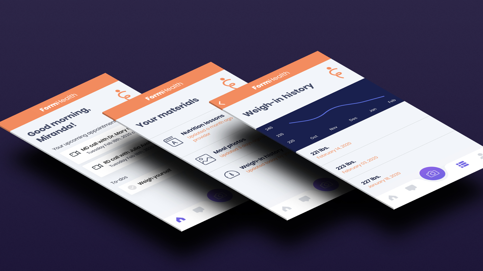 Three mobile device screenshots of the Form Health app stacked vertically atop one another. The bottom screenshot says
