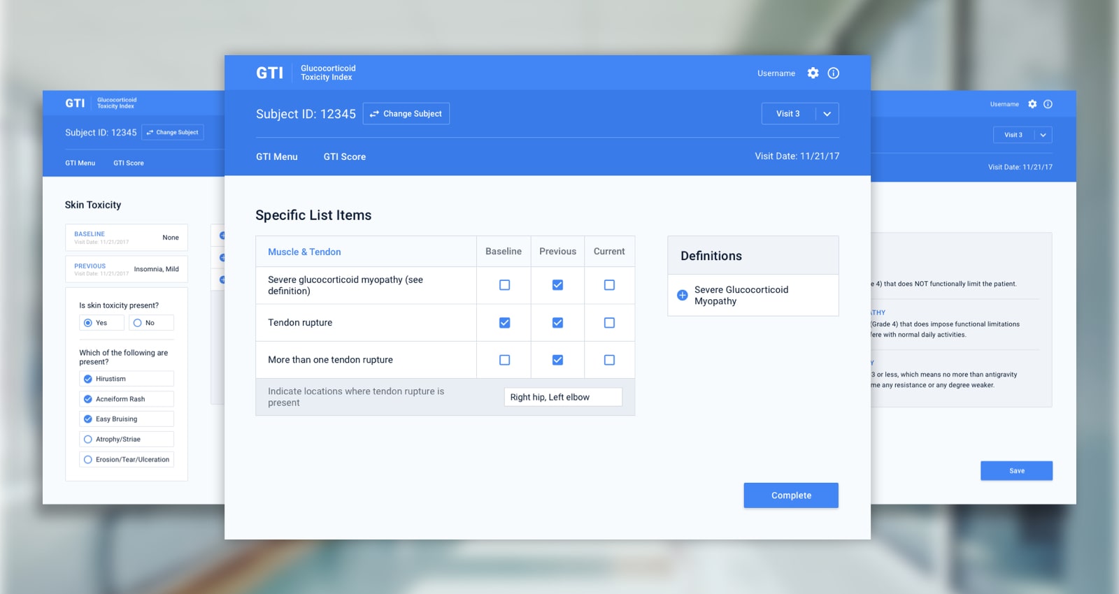 Three screens from the GTI | Glucocorticoid Toxicity Index application.