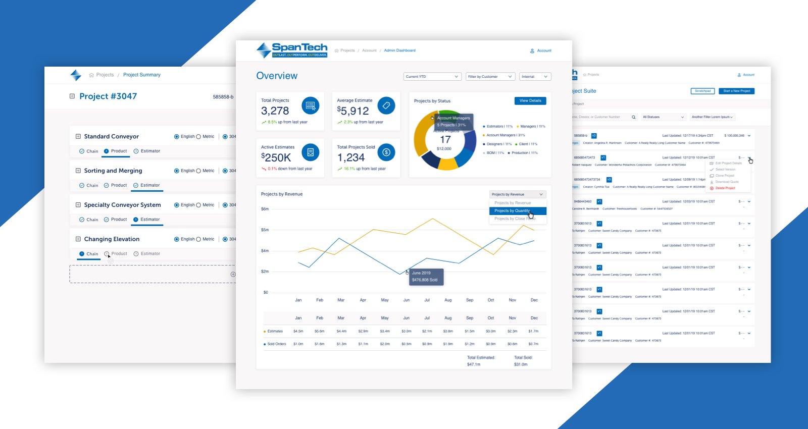 Three screens of Span Tech's custom application.