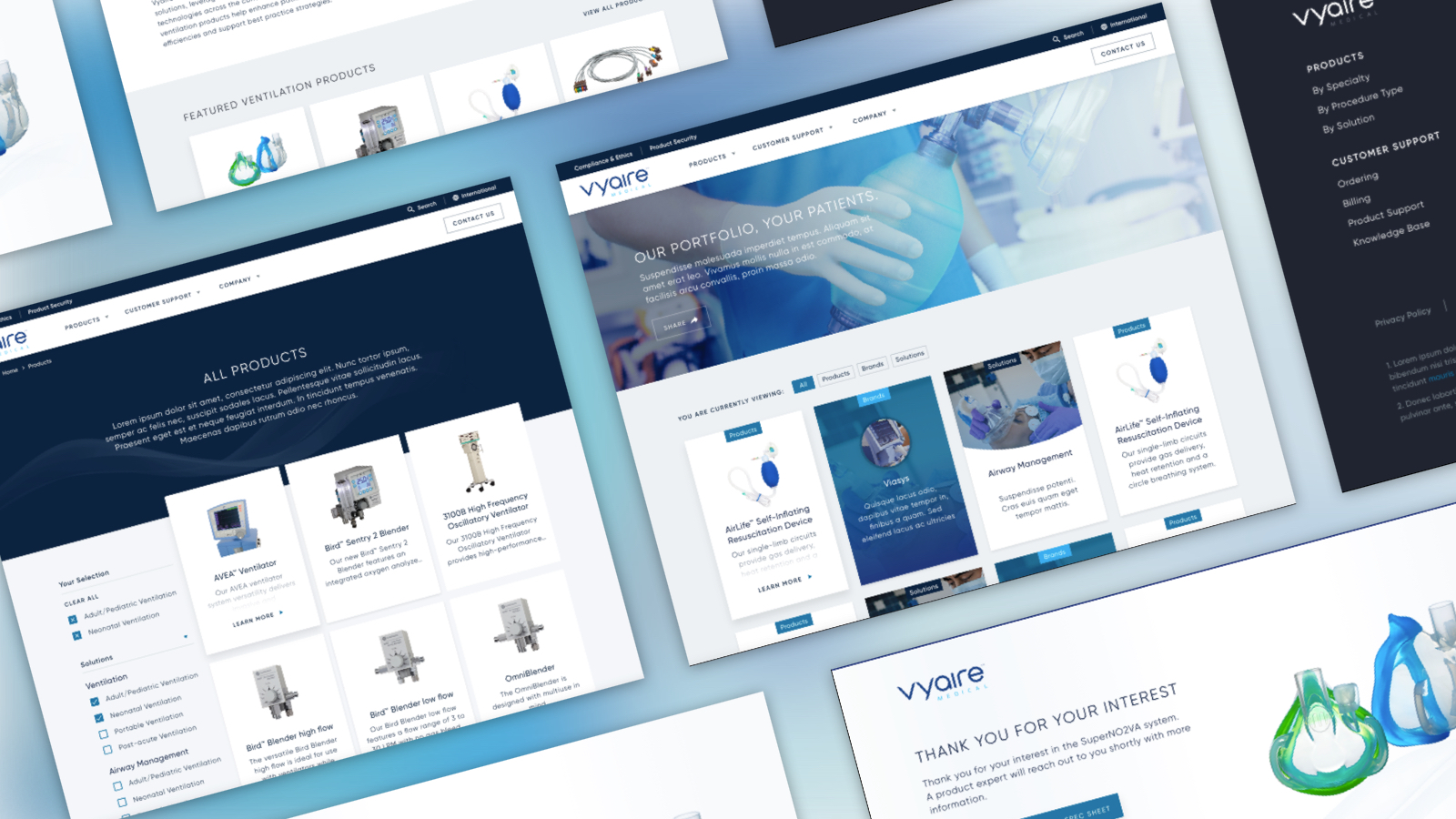 Several screenshots from the Vyaire website overlaying a blue background.