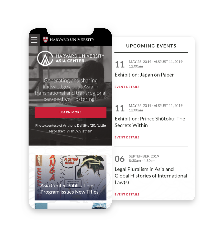 Two mobile device screenshots from the Harvard University Asia Center website. The first screenshot is of the homepage, and says
