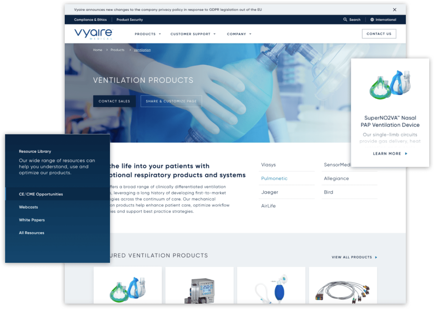 Collage showing Vyaire's Ventilation Products