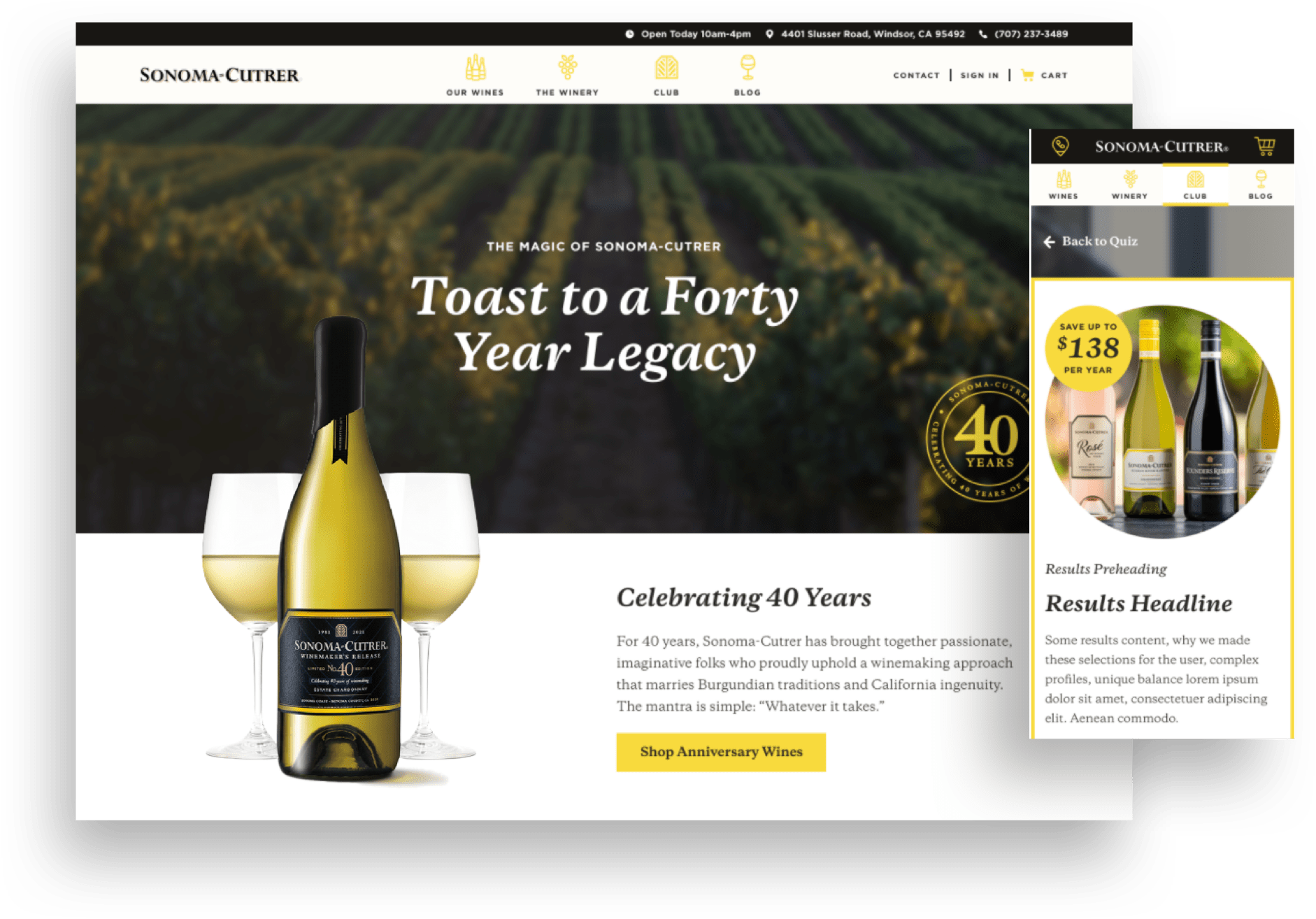 Two screenshots from the new Sonoma Cutrer eCommerce website. The first screenshot is from a desktop device, and says