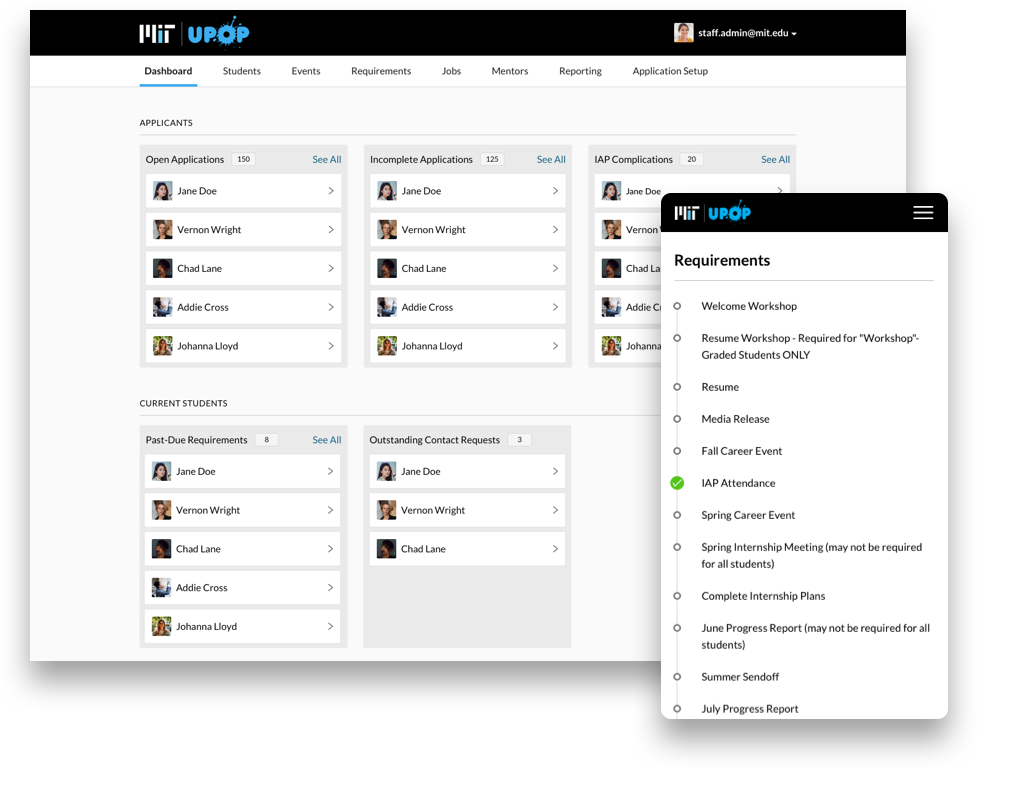 MIT UPOP Dashboard showing applicants