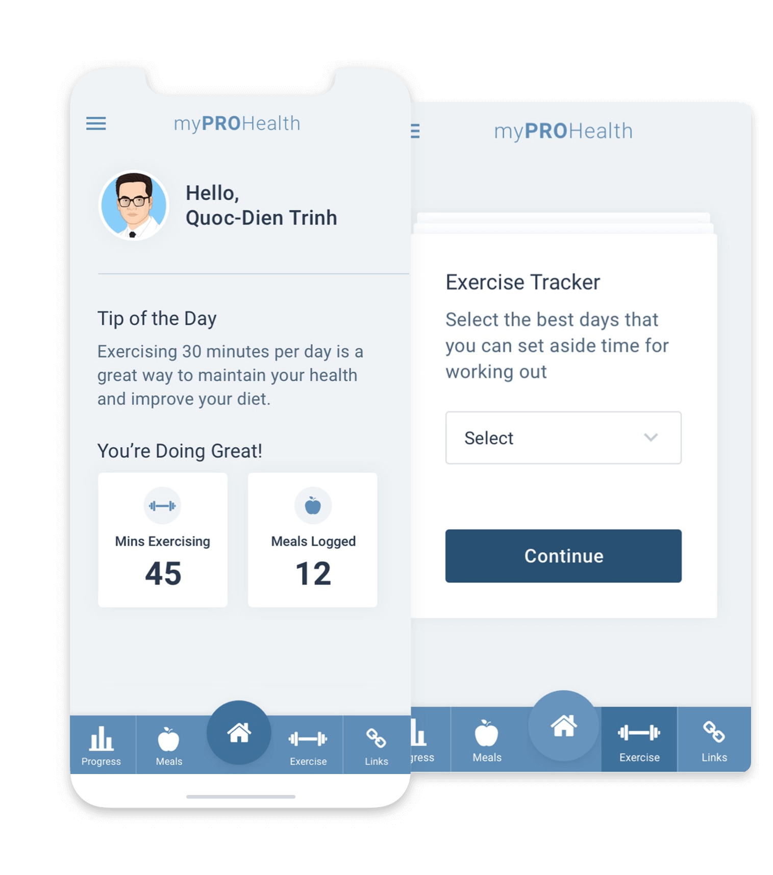 Two screens from a mobile device. The screen on the left shows the myProHealth app's homepage, which says