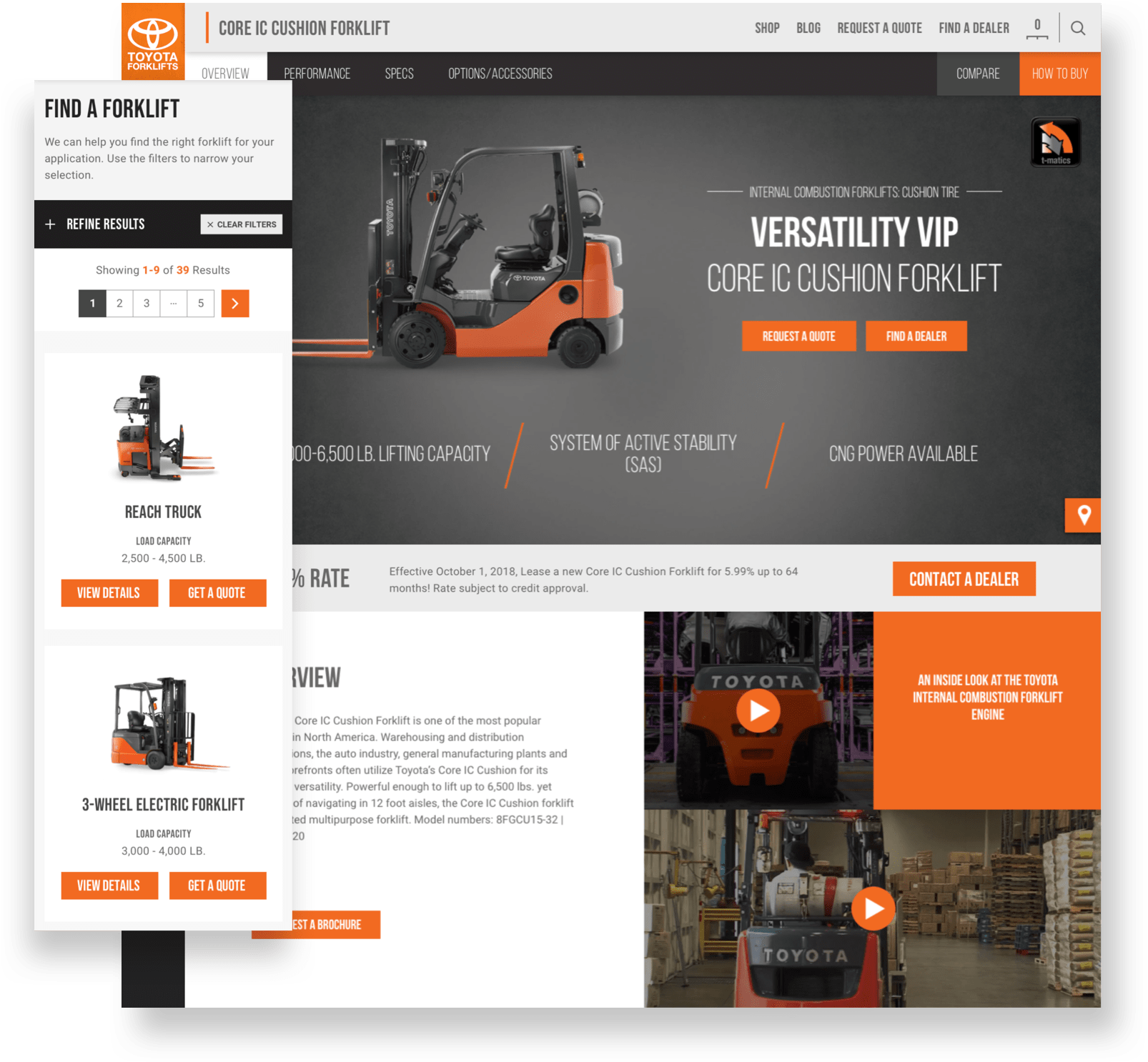 Two screens (one desktop and one mobile) from the new Toyota Material Handling website. The desktop screen shows a product page that outlines the features and benefits of the Core IC Cushion Forklift. The mobile screen shows the Find a Forklift results page, displaying a Reach Truck and a 3-Wheel Electric Forklift.