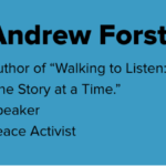 Graphic of Andrew Forsthoefel's Bio. To the right is Andrew's headshot, and to the left is his bio: Author of 