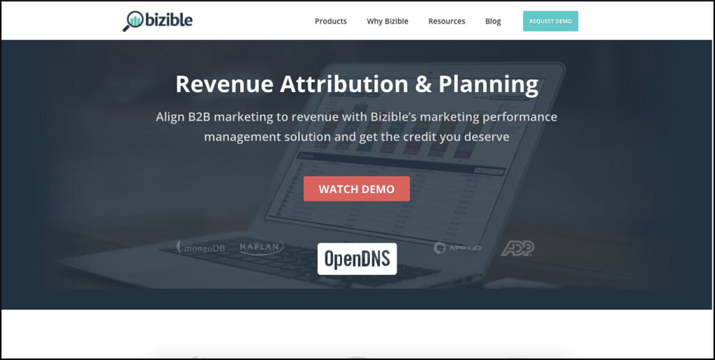 Bizible home page with the hero text