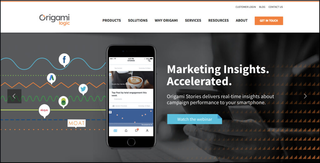 Origami home page with the hero text